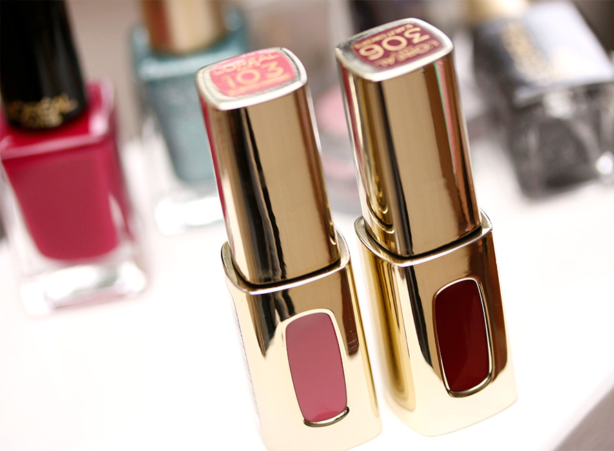 L'Oreal Colour Riche Extraordinaire Lip Color Swatches in Scarlet Concerto and Blushing Harmony