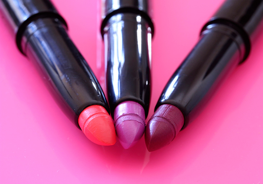 LORAC Pro Matte Lip Colors from the left: Coral, Violet and Magenta