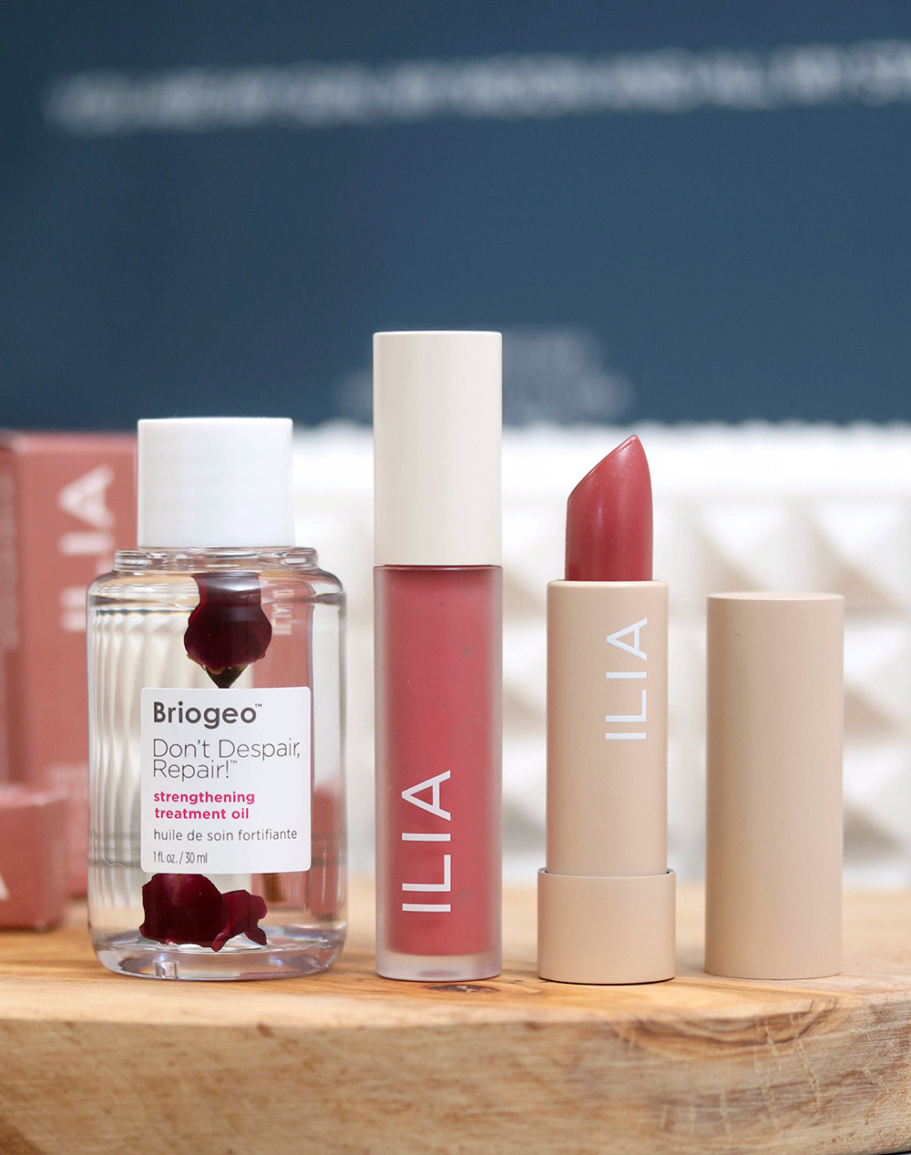 ilia liptick lip oil briogeo hair oil